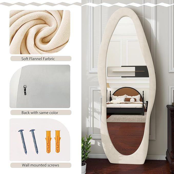 Dewfig Full Length Mirror, 63" x 24"Irregular Mirror, Large Floor Length Mirrors Wall Mounted, Standing Mirrors with Flannel Wrapped Wooden Frame for Bedroom/Living Room, White
