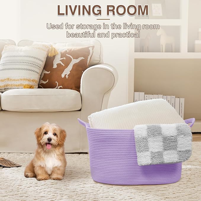 YOUDENOVA Nursery Storage Basket，21.6''×14.9''×11.8'' Rectangle Cotton Rope Blanket Basket, Nursery Laundry Hamper for Organizing，Toy Basket for Living Room, Bedroom