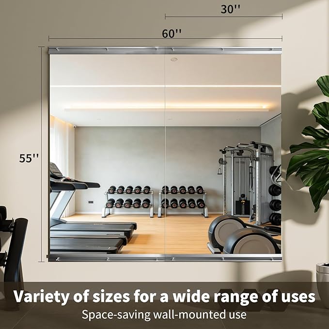 VooBang Home Gym Mirror - 2 PCS 30×55 inches, Large Frameless Wall Mounted Full Length Body Mirror for Dancing Studio, Exercise, Fineness, Yoga, Tempered Glass