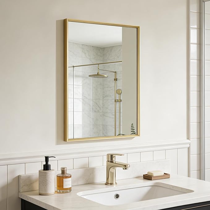 Bathroom Mirror for Wall, 16x24 Inch Metal Framed Mirror, Brushed Gold Rectangle Mirror, Bathroom Vanity Mirror Farmhouse, Tempered Glass, Anti-Rust, Hangs Horizontally or Vertically