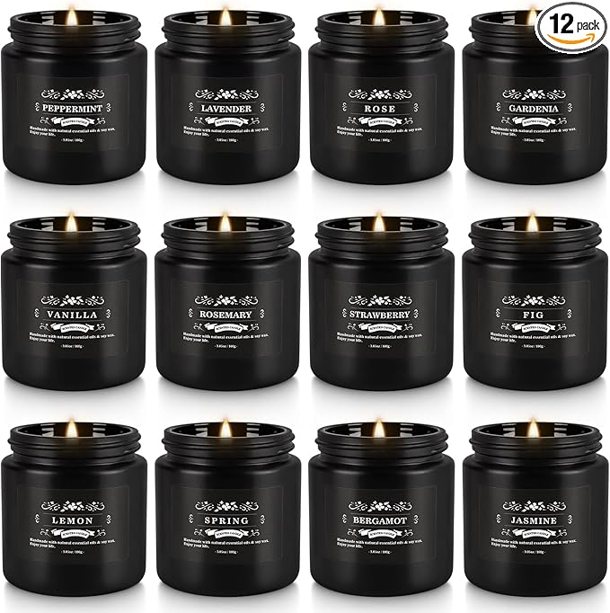 Howemon Scented Candle Set 12 Pack,Black, Candle for Home Scented, Odor Eliminating, Stress Relief, Long Lasting Soy Wax Gift Set