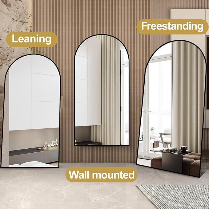 Dewfig Arched Full Length Mirror, 78"x38" Large Floor Mirror with Stand, Oversized Full Body Mirrors for Standing/Leaning/Hanging, Wall Mounted Mirrors for Bedroom, Living Room,Dressing Room, Black