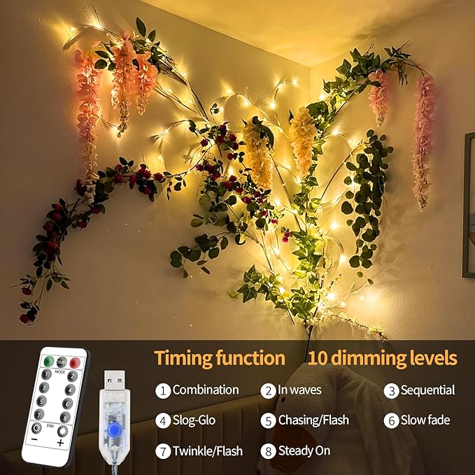FNHMSL Enchanted Willow Vine Lights, 7.55FT 144LED 2 PCS White Tree Branch Lights for Wall, Remote Timer,8 Light Model,Bedroom Wall Doors Wedding, Christmas, USB Battery Box