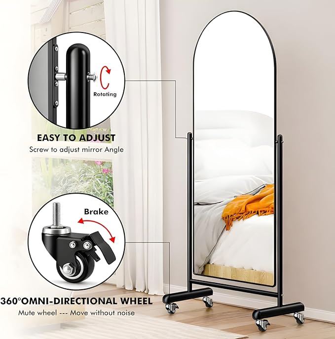 Arched Full Length Rolling Mirror on Wheels, 65"Lx24"W Large Modern Tilting Swivel Mirror with Tempered Glass & Metal Frame, Use for Dressing,Dance Studio,Fitness,Home Gym, Barbershop (Black)
