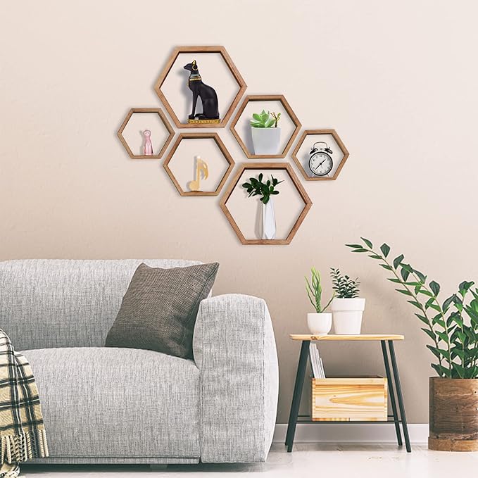 PHOENANCEE Hexagon Floating Shelves,Honeycomb Shelf,Wall Mounted Rustic Wood Octagon Hanging Storage Shelves Set of 3 for Living Room Bedroom Bathroom Office Hexagonal Decor(Carbonized Black)