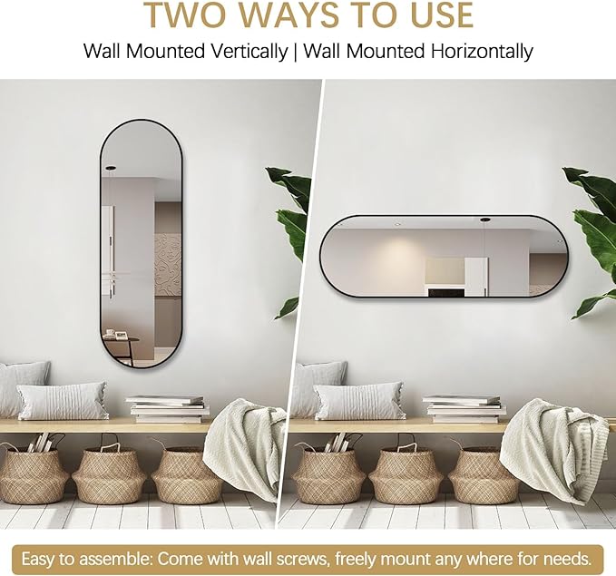 Niccy 48"×16" Oval Full Length Mirror, Long Oval Mirror with Unique Metal Frame Large Explosion-Proof Hanging Mirror for Living Room, Decorative Vanity Mirror for Bathroom, Bedroom, Black