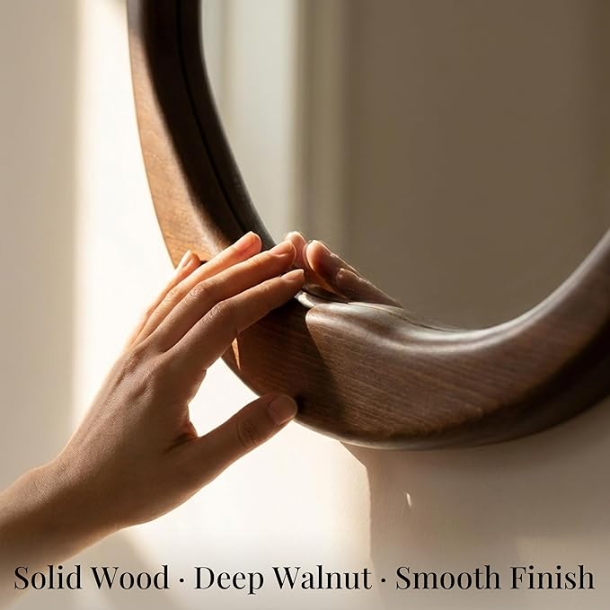Dark Walnut Round Wall Mirror 24 Inch, Solid Wood Framed Mirror with Asymmetrical Wavy Inner Edge for Entryway, Organic Decor for Hallway & Bathroom