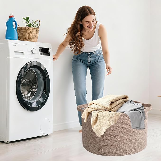 90L Large Blanket Basket,21.7"L x 21.7"W x 13.8"H Rope Woven Baskets with Handles,Brown Storage Bins,Laundry Basket Perfect for Living Room, Nursery,Bedroom,Home Organization