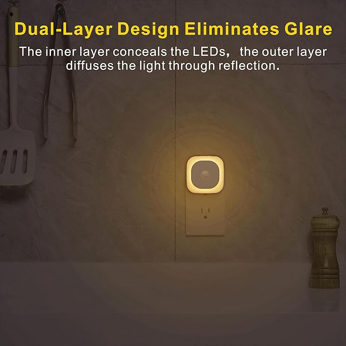 YUNLEX 2 Pack Plug in Night Light with Motion Sensor & Dusk to Dawn Sensor, 3 Sensor Modes, Dimmable Night Lights Plug into Wall, Warm White Nightlight for Kids, Bathroom, Bedroom, Kitchen, Indoor