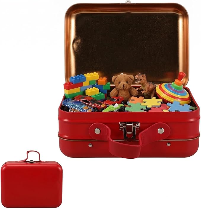 VALICLUD Mini Suitcase Storage Box with Handle 7.28X5.11X3.34In Portable Tinplate Organizer for Travel Makeup Toys and Jewelry Vintage Decorative Storage Case