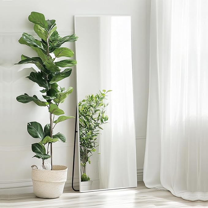 Sunniry Full Length Mirror with Stand, Full Body Mirror with Aluminum Metal Frame, Standing Mirrors for Bedroom, Livingroom, Bathroom, Hallway, Cloakroom, Wedding. (56x16 inch, White)