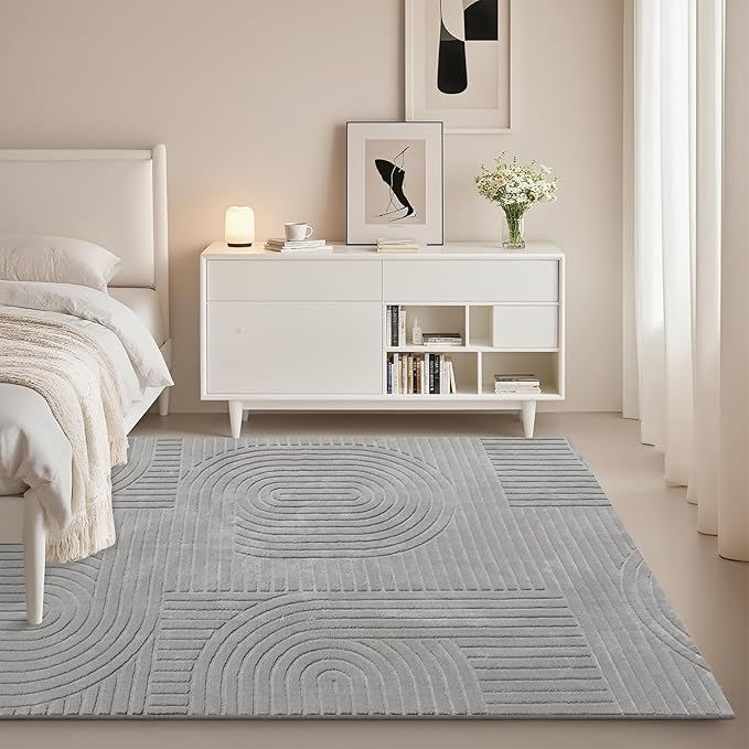 5x7 Solid Color Area Rugs – Washable Living Room Rug, Durable Non-Slip Indoor Carpet with Soft High-Low Pile, Fluffy Floor Rugs for Bedroom, Bedside, Kids Room, Dorm, Nursery, Home Décor, Grey
