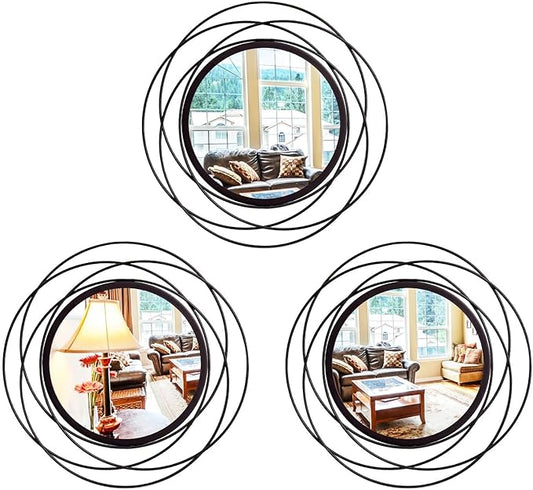 3 Set 9.5 Inch Black Circle Mirrors Wall Decor Iron Frame Wire Mirror Metal Circular Mirror Home Decor Hanging Mirrors for Room/Bedroom/Bathroom/Entryway