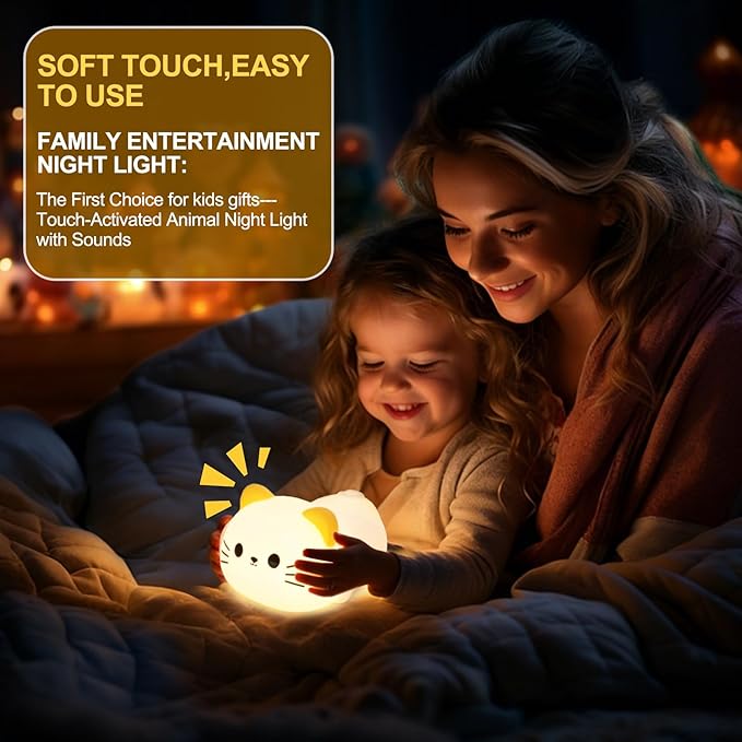 Cat Night Light & Lamp for Baby Nursery - Soft Lying Kitty Nightlight, Dimmable and 7 RGB Colors, Switchable Animal Sound,Rechargeable BPA-Free,Good for Room Decor,Valentines Day, Holiday Gifts