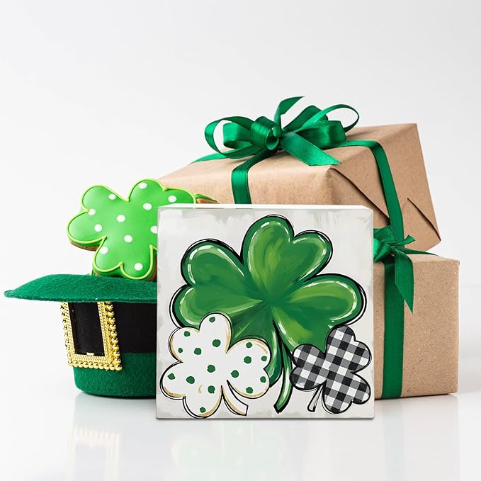 St. Patrick's Day Decorations, Irish Luck Shamrock Wooden Box Sign Desk Decor, St Patricks Day Decorations Party Table Decor 5x5