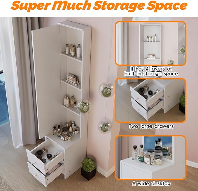 anwickjeff Full-Length Mirror with Storage, Standing Nightstand Mirror Cabinet with 2 Drawers & 4 Shelves, Makeup Storage Organizer, Gift for Women Girls (White)