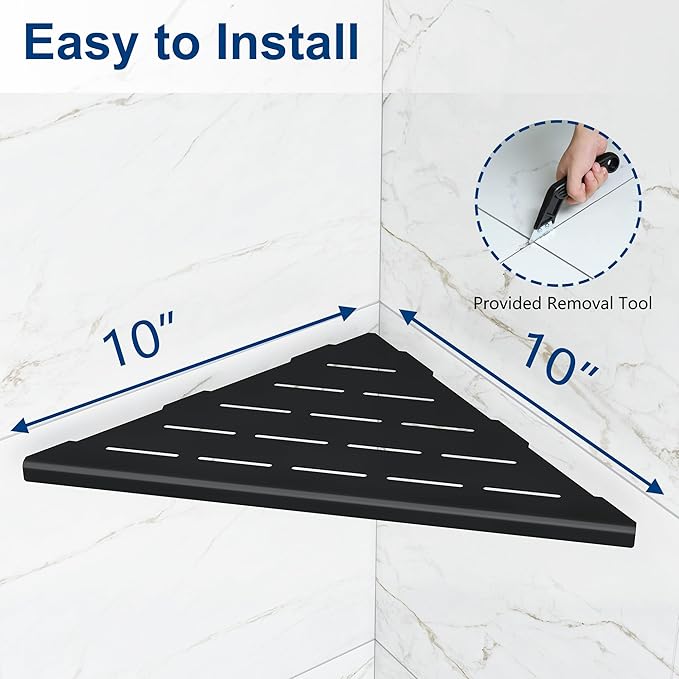 Qeke Corner Shower Shelves, 10” Recessed Tile Shower Shelf, 304 Stainless Steel Grout in Corner Tile Shower Shelves, No Drilling, Matte Black, 2 Pack