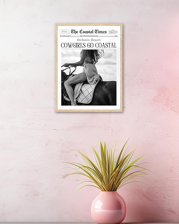 iHery Cowgirls Go Coastal Small Framed NewsPaper Canvas Wall Art,Natural OAK Wood 8x10in Wall Decor For Bedroom, Trendy Western Horseback Riding Times for Dorm Living Room, Home Décor 1Pack