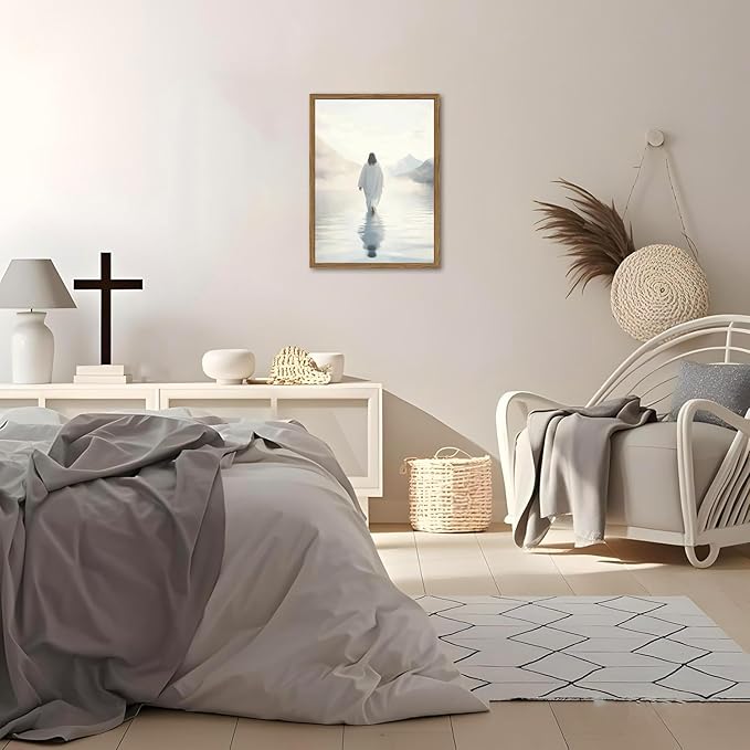 Jesus Walking on Water Wall Art White Jesus Wall Decor Christian Faith Painting 3D Textured Hand Drawn Sandstone Artwork for Living Prayer Room Bedroom 12x16 inch Wood Framed