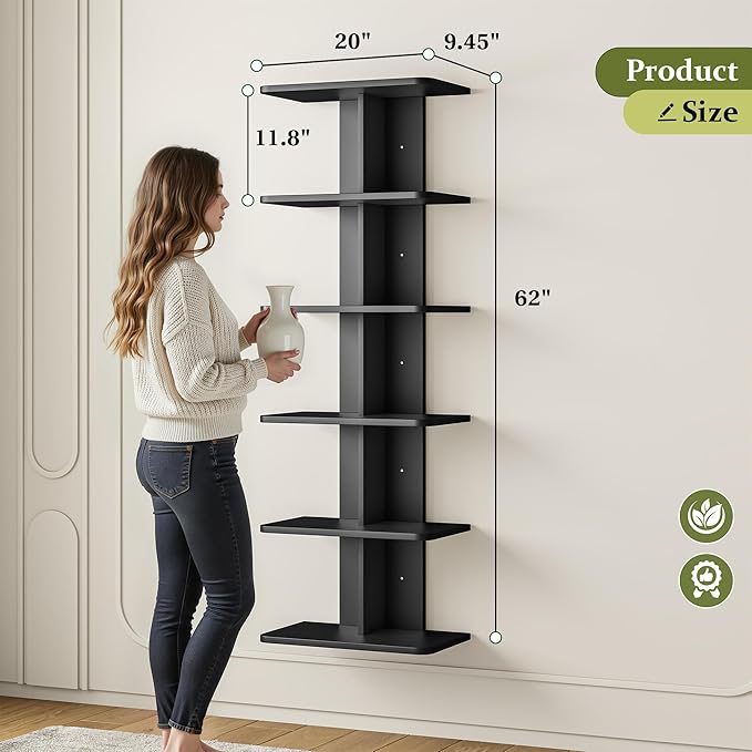 REIBII 6 Tier Floating Shelves, Vertical Column Black Wall Shelves for Home Decor, Floating Shelf for Living Room, Bedroom, Office