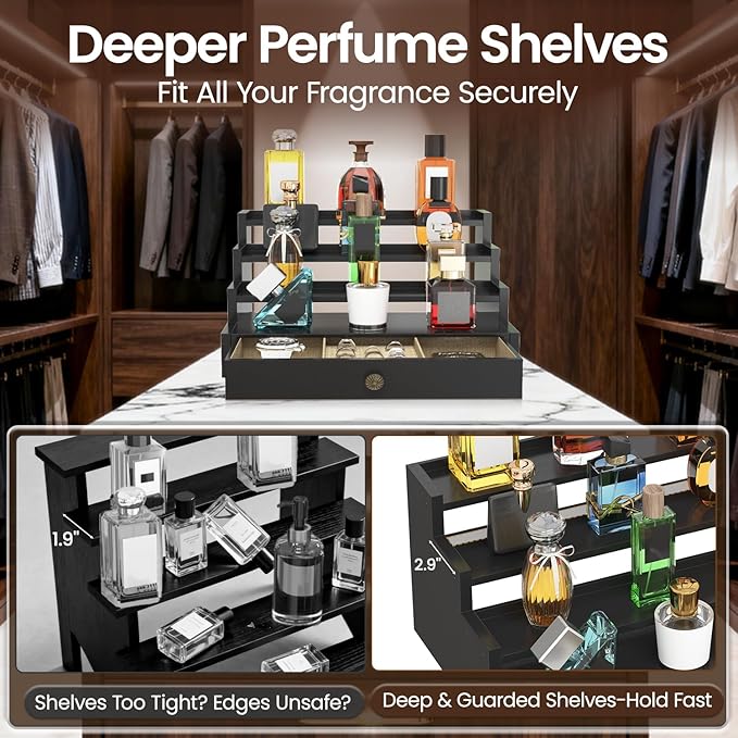 MODOWEY Perfume Organizer Cologne Holder Stand for Men, Wooden Wide-Spaced Shelf with Drawer, 4 Tier Large Capacity Storage Rack for Dresser Countertop, for a Neat, Accessible Fragrance Display, Black