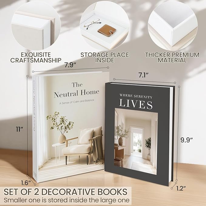 Decorative Books for Neutral Home - Fake Books Storage Box for Decoration - Set of 2 Coffee Table Book - Photo Storage Keepsake Box for Room Bookshelf Decor, Charcoal