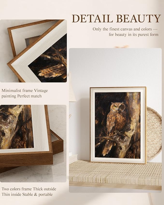 VIYYIEA Vintage Framed Wall Art for Living Room, Owl II Canvas Prints, Oil Painting Home Decor, Animals Picture, Bathroom Wall Decor Gifts for Friends or Family - 16L x 12W