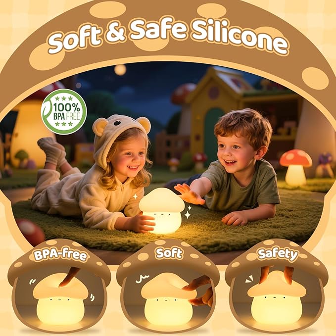 Mubarek Mushroom Lamp, Timer Mushroom Night Light for Kids, Dimmable & Easy Control Cute Lamp, Squishy Silicone Nightlight, Rechargeable Night Light for Baby Nursery, Cute Gifts Kawaii Decor