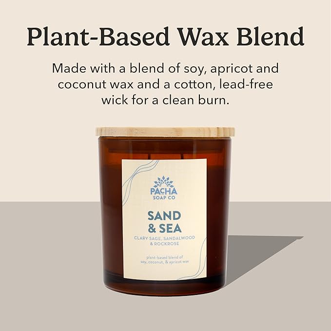 PACHA SOAP Co. Sand & Sea Candle, 7 oz - Scents of Clary Sage, Sandalwood and Rockrose - Clean Burning, Soy, Coconut & Apricot Wax, Lead-Free Wick, Cruelty-Free, Recyclable