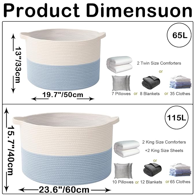 115L Extra Large Woven Cotton Rope Blanket Basket with Handles, Laundry Hamper Storage Bin for Pillows, Comforters,Clothes, Toys, Nursery, Bedroom and Living Room Organization,White&Blue