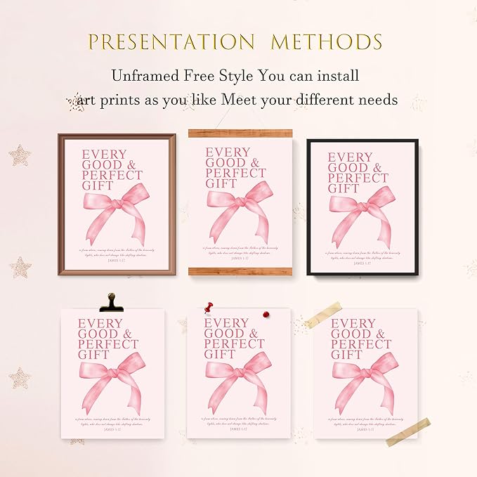 LARTSFRO Coquette Pink Bow Wall Art Decor Posters, Pink Bow Christian Room Bedroom Bathroom Dorm Wall Art Decor for College Teen Girls Kids Gifts, Inspirational Bible Verses Bow Wall Decor, 10x8 Inch Set of 4 Pcs Bow Pictures (UNFRAMED)