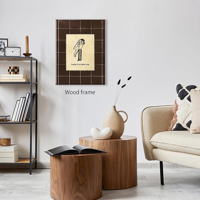 Brown Mid-Century Couples Wall Art Valentine Quotes Lucky Is to Have You Poster 16X24 inch Framed Vintage Romantic Anniversary Canvas Prints Modern Love Wall Decor for Bed Living Room