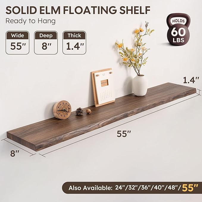 Long Live Edge Floating Shelf, 55 Inch Solid Elm Wood - Vintage Brown Rustic Wood Wall Shelf with Invisible Brackets for Living Room, Kitchen, Bathroom