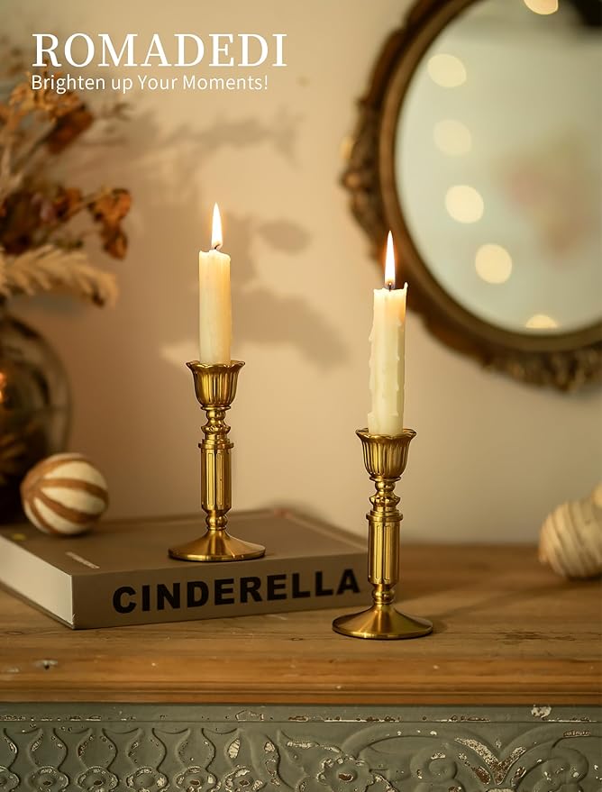 Gold Candle Holders Vintage Decor - Romadedi Solid Brass Candlestick Taper Holder for Wedding Christmas Table Centerpiece Mantel Home Decoration 5.5 Inch Set of 6