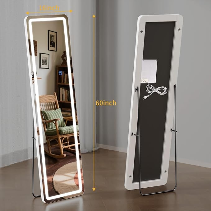 Standing Mirror Full Length with LED Lights, 60"x16" Lighted Mirror with Dimming & 3 Color Lighting, Tall Mirror Full Body for Bedroom, Dressing Room