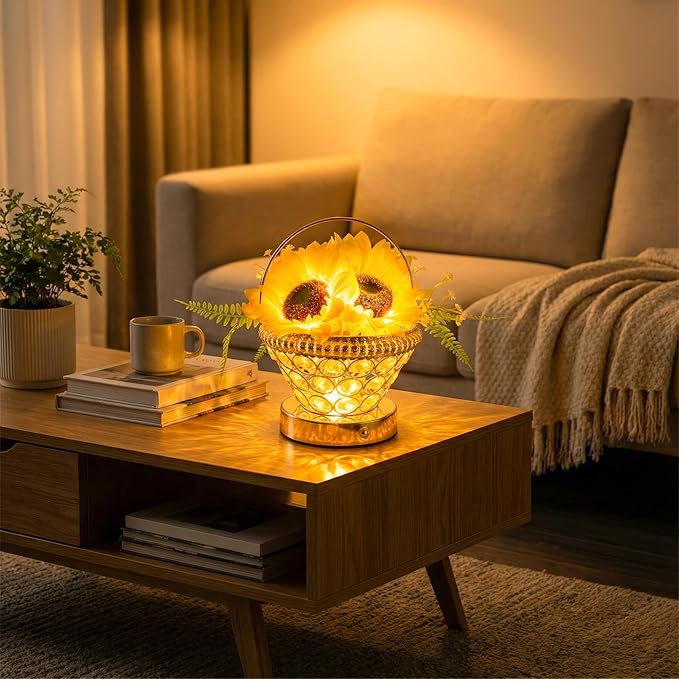 Pearl Sunflower Lamp – Cordless USB-Rechargeable LED Night Light with 3-Color Touch Control, 3D-Printed Flower Table Lamp, Bedroom Reading Light, Dimmable Centerpiece, Birthday Gift for Women