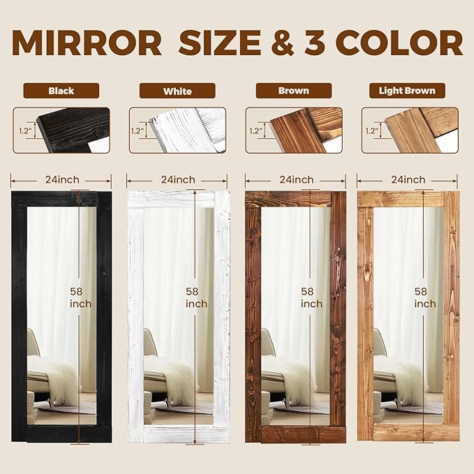 Full Length Mirror 58"x24" – Solid Wood Frame, HD Tempered Glass, Wall Mounted & Leaning, Rustic Modern Decor for Bedroom, Living Room, Entryway, Light Brown