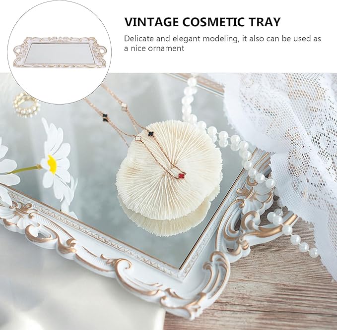 Retro Decorative Mirror Tray for Jewelry and Perfume Storage, European Style Vintage Cosmetic Mirror Plate, White Rectangular Makeup Organizer for Vanity and Photography Props