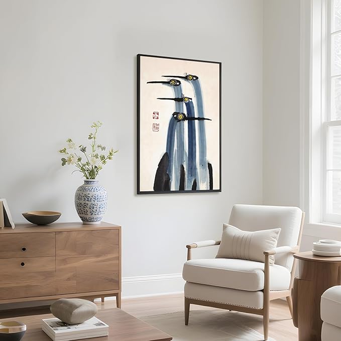 RINMFEO Antique Asian Crane Watercolor Canvas Art Vintage Japanese Chinese Painting Museum Quality Wall Decor For Living Room Bedroom 16x24inch Black frame