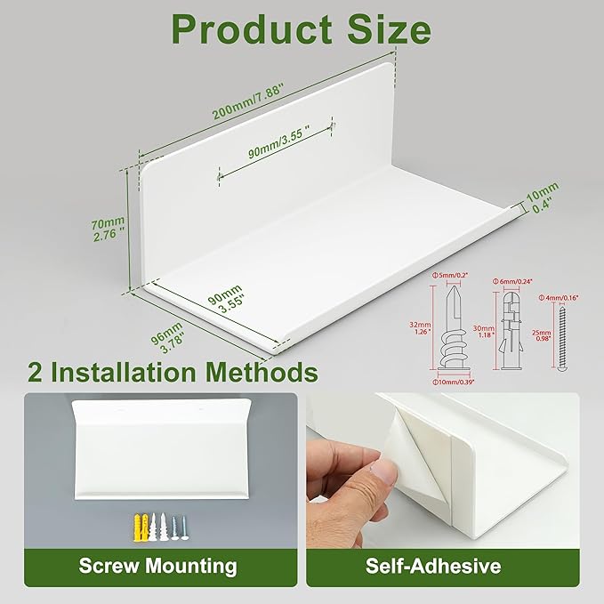 SAYAYO White Floating Shelves for Wall Storage, 8 Inch Screw or Self Adhesive Wall Shelves for Bedroom Decor, Small Display Bathroom Shelf Organizer for Kitchen, Living Room, Office, 2pcs