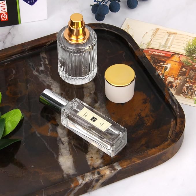 Marble Bathroom Vanity Tray, Natural Marble Home Kitchen Table Tray, Stone Decorative Countertop Serving Organizer for Dresser Coffee Perfume Jewelry Makeup (1, Black Gold L, 12 * 8 * 0.8)