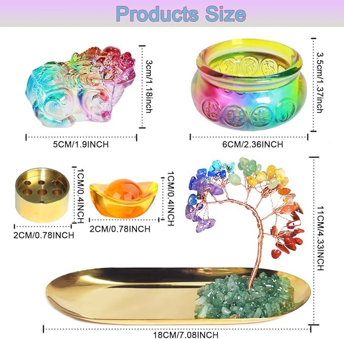 Feng Shui Crystal Tree Incense Burner Holder, Lucky Pi Xiu Treasure Basin, Healing Crystals Tree of Life Incense Tray Money Ideal Adornment for Attracting Wealth, Yoga Meditation Decor - Colorful