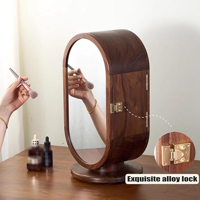 Wooden Jewelry Cabinet, 360° Rotating Jewelry Box, Versatile Tabletop Jewelry Organizer with Makeup Mirror And Multiple Storage Compartments, for Bedroom & Dressing Room