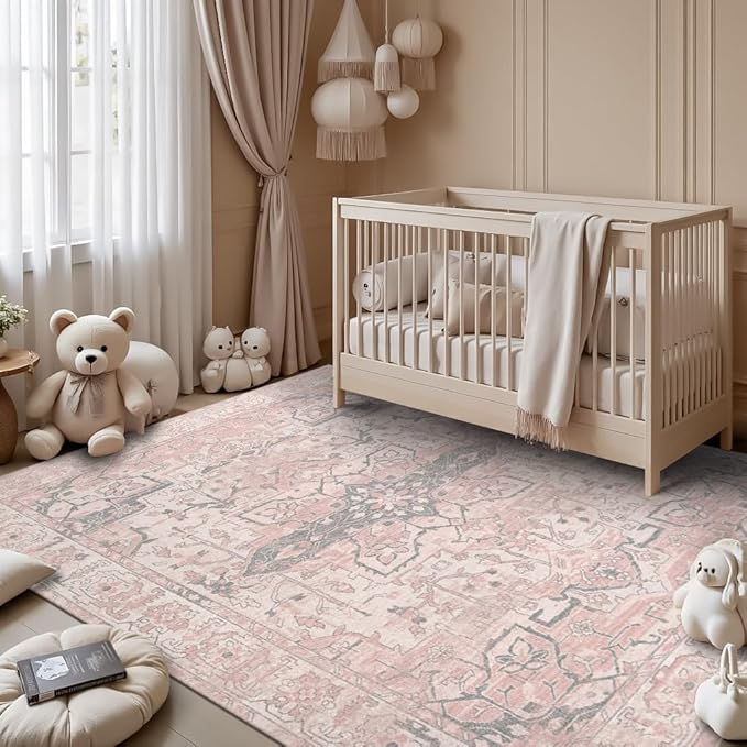 Rugxara Pink Rug for Living Room Bedroom, 5x7 Washable Area Rugs, Cute Boho Style, Non Slip & Low Pile Faux Wool Carpet for Indoor Nursery Room, Classroom Dorm, Kids Room and Dining Room(Pink 5x7ft)