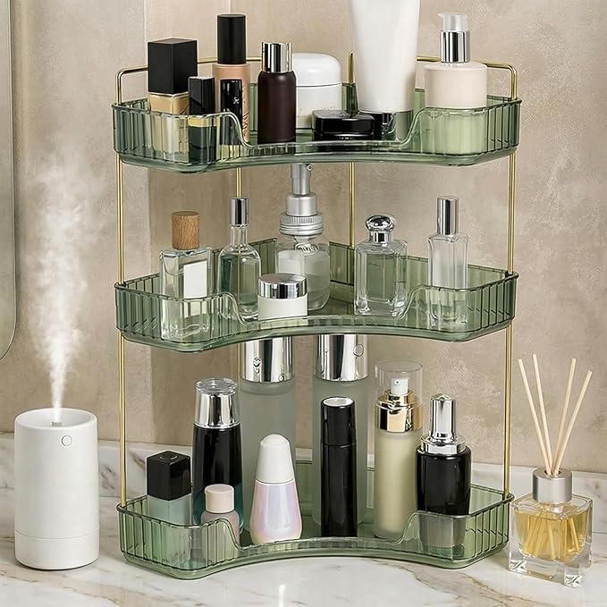 Multi-Tier Corner Countertop Organizer Rack, 90° Space-Saving Bathroom Makeup Organizer Countertop, Tool Free Acrylic Storage Rack for Bathroom, Vanity, Dresser, Makeup, Cosmetics (Green-3-tier)
