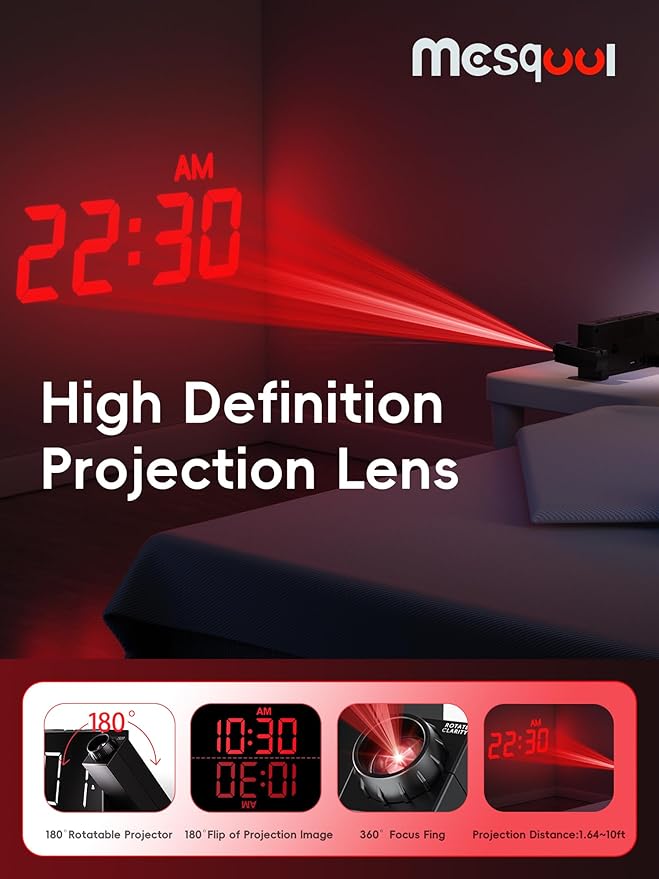 Mesqool Digital Projector Alarm Clocks for Kids Bedroom,Plug-in Clock with 180° Projection on Ceiling Wall,Dual Alarms for Heavy Sleepers,Battery Backup,USB Charging Port,Easy-to-Set,Dimmer,Snooze