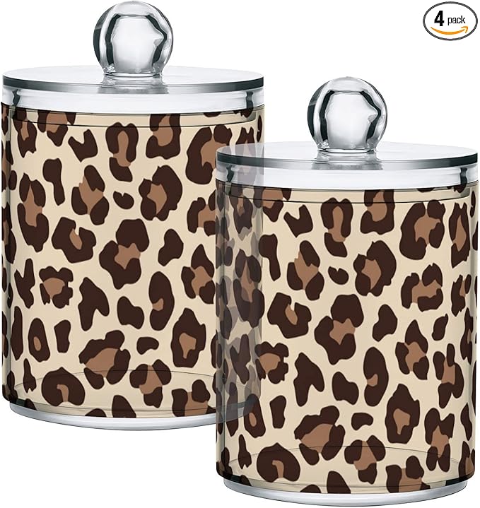 4 Pack Qtip Holder Dispenser Leopard Print Cheetah Cotton Ball Cotton Swab Round Pads Floss Clear Bathroom Storage Containers Plastic Apothecary Jars with Lids