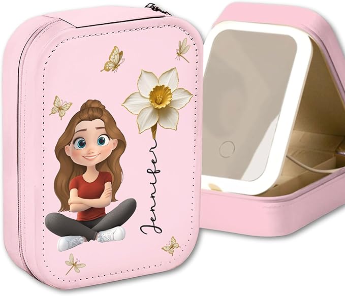 Wrappiness Women & Girls Floral Makeup Box With LED Mirror - Personalized Birthmonth Flower Travel Jewelry Organizer Gift for Daughters Sisters on Birthday Christmas Graduation Wedding