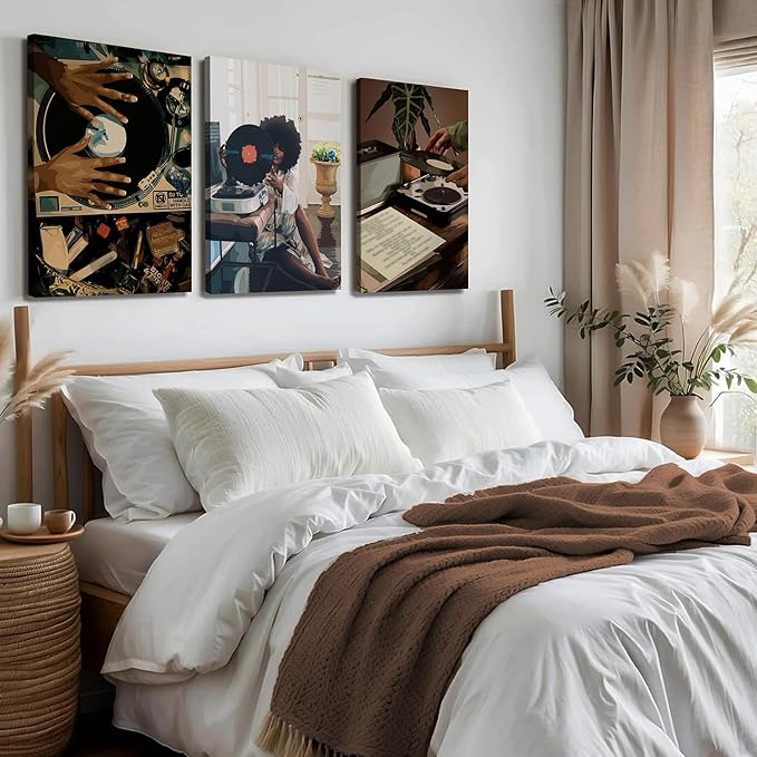 YFvrPt Black Girl Wall Art Decor Modern Black Woman Painting Prints, Set of 3 African American Music Record Player Poster Canvas Artwork for Bedroom Living Room 16x24 inch Framed