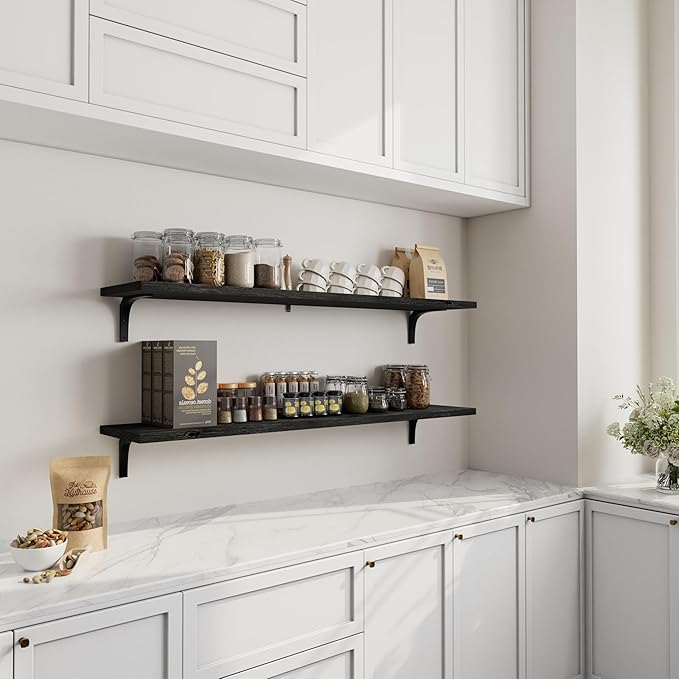12 Inch Deep Floating Shelves Set of 2, 48 Inch Wide Black Solid Wood Wall Shelves, 100 lbs Heavy Duty Farmhouse Wall Mounted Shelving for Kitchen, Living Room & Bedroom